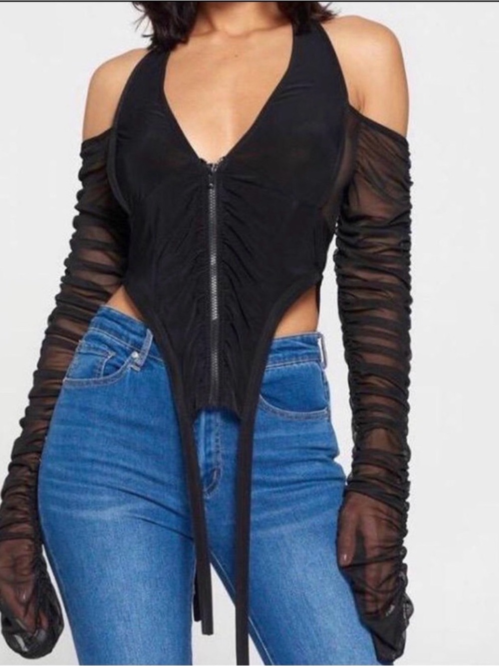 Black Cold-Shoulder Mesh Sleeve Zip-Front Women’s Top